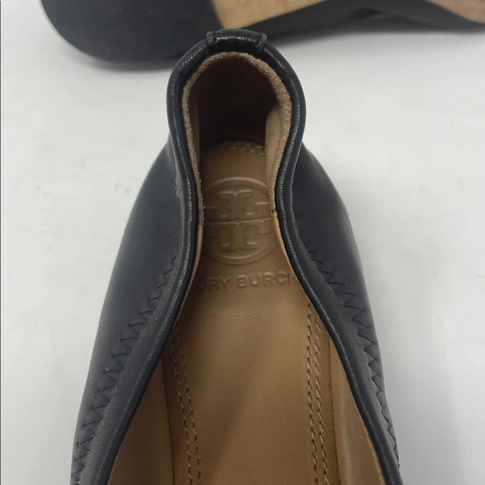 Tory Burch Black Ballet Flats with Silver Rhinestone Logo Size 6.5